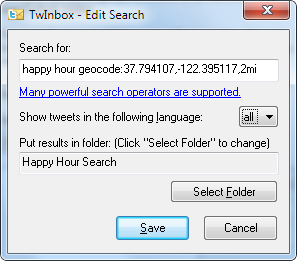 TwInbox location-based search using geocode